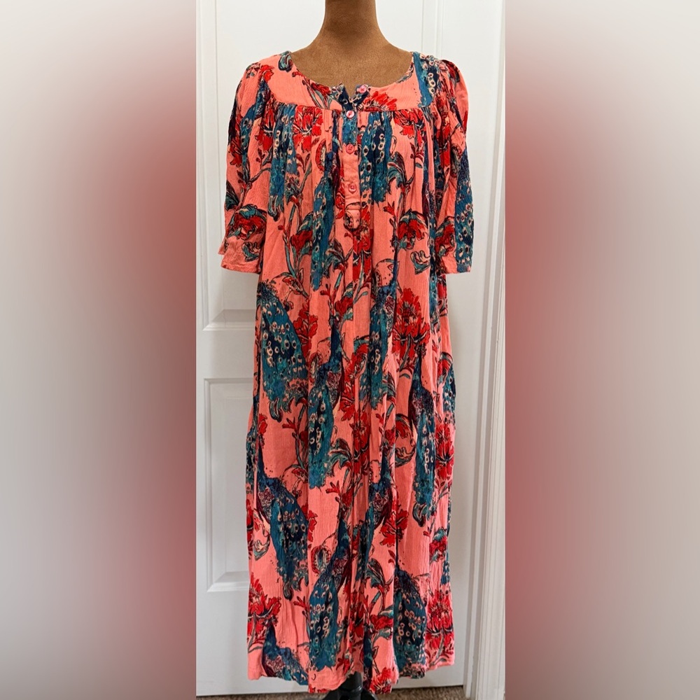 Coral and Teal Maxi Dress or Muumuu With Peacock Print and Pockets